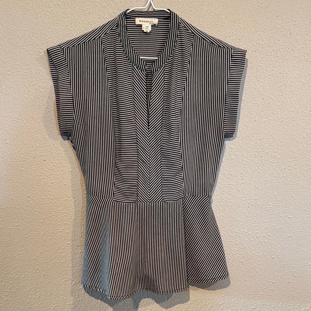 Monteau Cap Sleeve Peplum Blouse with Mandarin Collar